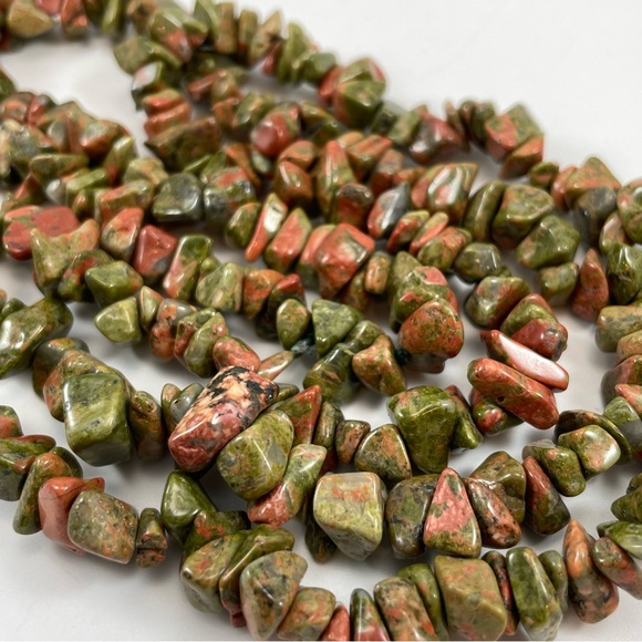 Stunning Unsigned Hand Crafted Unakite Gemstone Nugget Beaded Long Necklace - Picture 1 of 7
